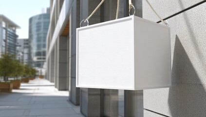 A blank, white, square sign hangs from a city street building, ready for custom text or graphics.