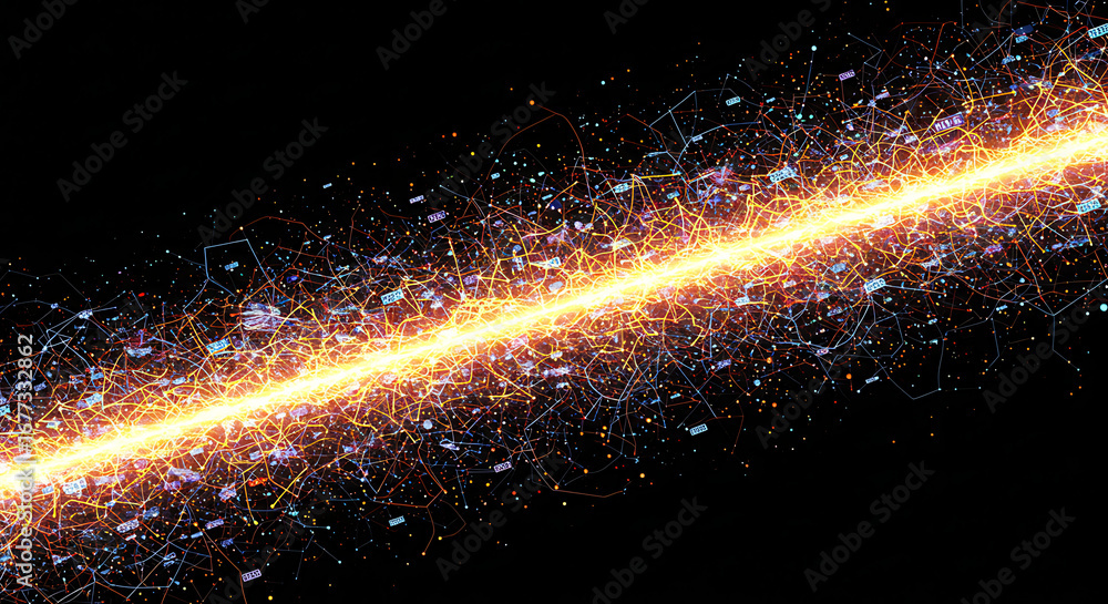 Poster energy stream of particle: a visual representation of a dynamic stream of particles, forming an illu