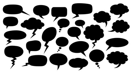A collection of various black speech bubbles and thought clouds, representing communication and ideas.