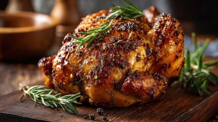 A beautifully roasted whole chicken, seasoned with herbs and spices, sits on a rustic wooden cutting board, showcasing its golden-brown, crispy skin and fragrant aroma.