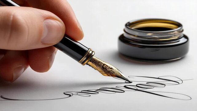 Elegant calligraphy demonstration with fountain pen and ink