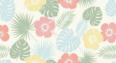 Minimal seamless floral pattern with pastel hibiscus and tropical leaves