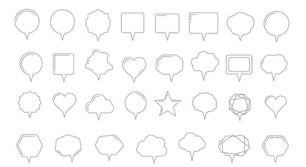 Collection of various speech bubble shapes and styles, including circles, squares, hearts, stars, and cloud-like forms, all outlined in a light gray color.