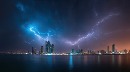 A dramatic lightning storm illuminates the night sky over a modern city skyline reflected in calm water