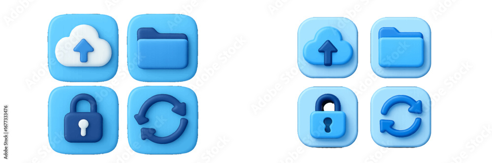 Poster modern 3d icons for cloud, folder, lock, and refresh functions. modern 3d icon set