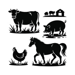 Fototapeta premium Farm Animals Silhouette Illustration Featuring Cow, Pig, Sheep, Chicken, and Horse