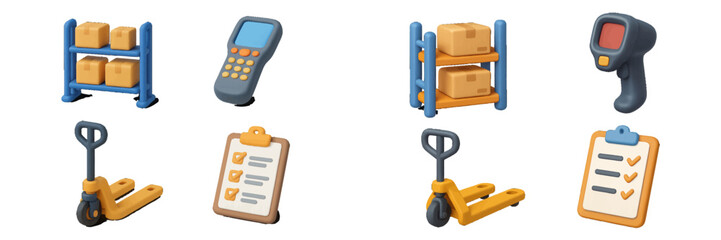 Warehouse operations icons: scanner, pallet jack, shelves with boxes, checklist. Modern 3D Icon Set