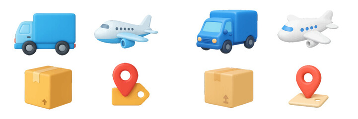 Logistics and delivery icons: truck, airplane, package, location pin. Modern 3D Icon Set