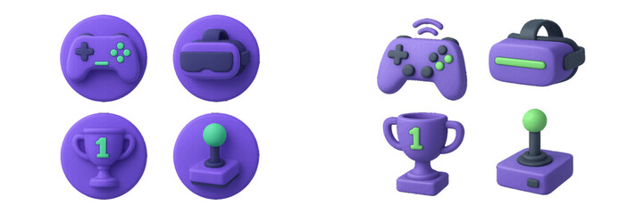 Gaming icons: controller, VR headset, trophy, joystick, wireless symbol. Modern 3D Icon Set