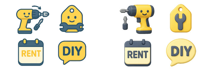 Cartoon tools and calendar icons for DIY and rental services. Modern 3D Icon Set