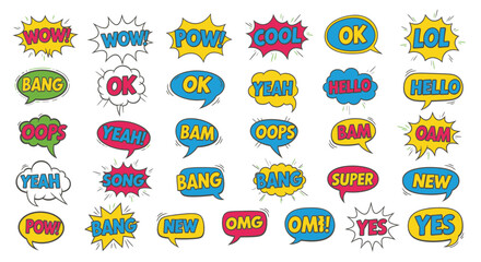 Collection of colorful comic speech bubbles with various expressions like Wow, Bang, Cool, OK, LOL, Yeah, Hello, Oops, Bam, Super, New, OMG, OMI, and Yes.