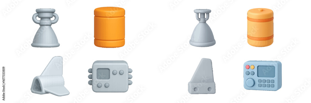 Poster stylized 3d rocket engine parts and abstract futuristic design elements. modern 3d icon set