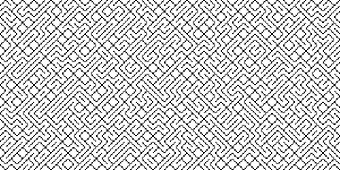 Vector illustration of a complex monochrome abstract pattern. Intricate black and white lines form a labyrinth of connecting dots and geometric shapes creating a grid texture.