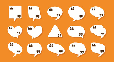 Assortment of various white speech bubbles with quotation marks against an orange background.
