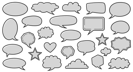 Fototapeta premium Collection of various grey speech bubbles and thought bubbles, different shapes and sizes, isolated on white.