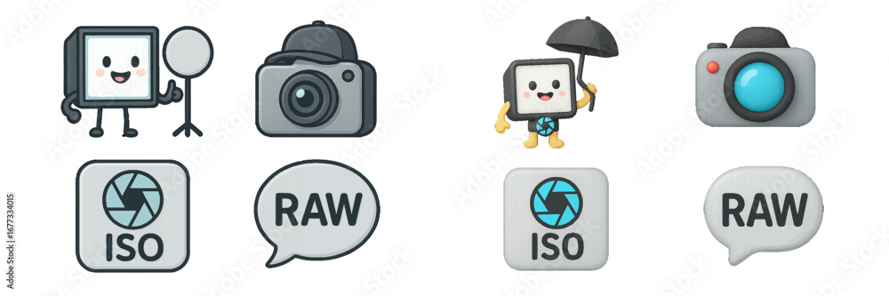 Poster camera icons with photography settings and characters. modern 3d icon set