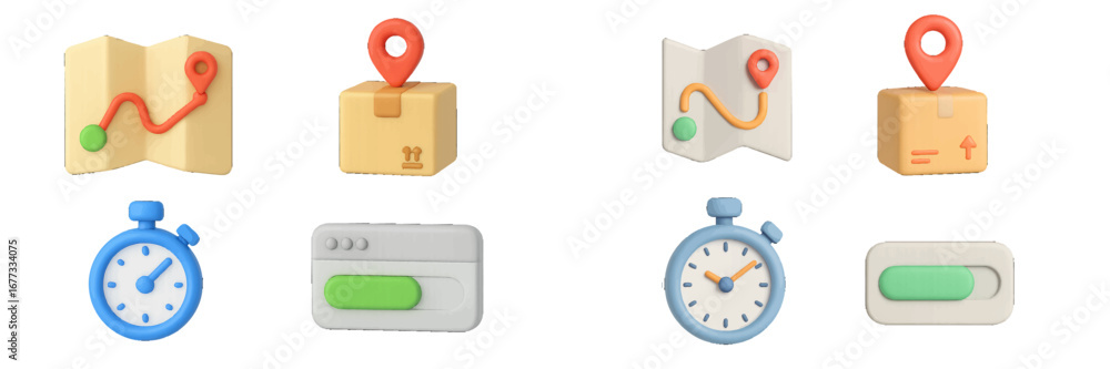 Poster delivery route planning with time tracking and progress monitoring icons. modern 3d icon set
