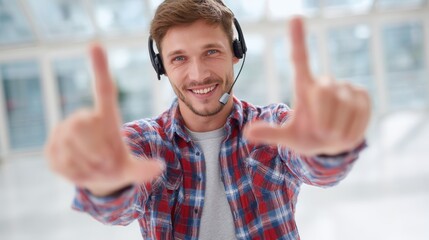 Man Wearing Headset Framing Face With Hands