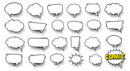 Collection of various comic book speech bubbles and sound effects.