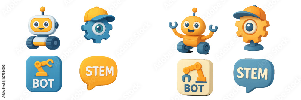 Poster robots and stem icons with gears and robotic arms. modern 3d icon set