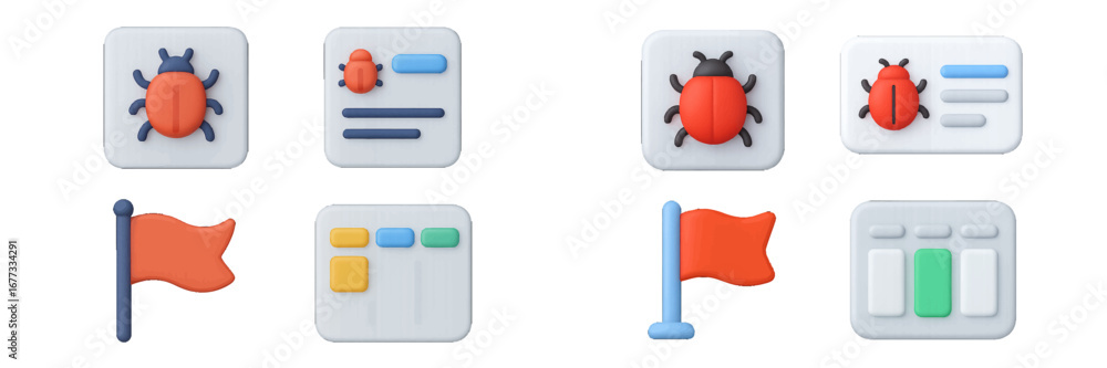 Poster bug and flag icons with ui elements. modern 3d icon set