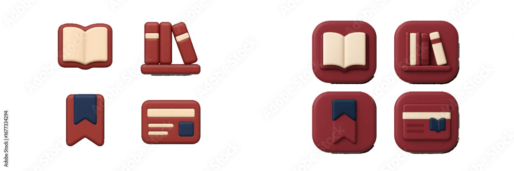 Poster set of stylized icons representing books, bookmarks, and reading materials in a 3d rendered style. m