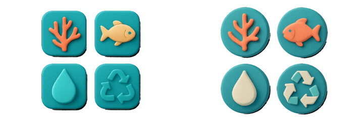Obraz premium Marine life and recycling symbols for ocean protection. Modern 3D Icon Set