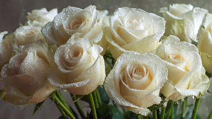 Fototapeta premium white roses with dew close up in bouquet vase style arrangement representing floral decor wedding flowers romantic petals natural beauty love gift and elegant spring pure roses