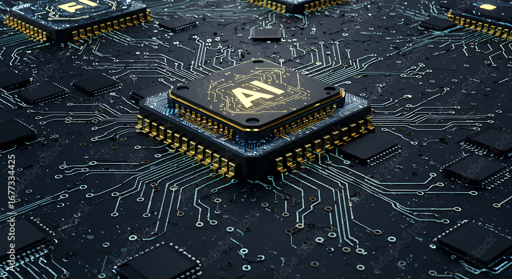 Poster ai chip in the circuit: a close-up shot of an ai chip on a circuit board, symbolizing the core of in