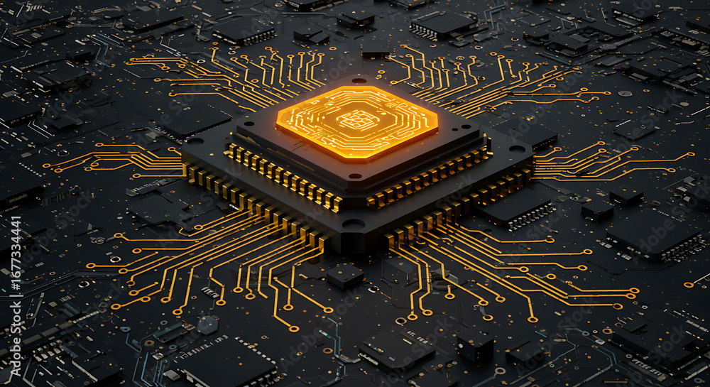 Poster central processing unit: a high-angle view of a sleek cpu, showcasing an intricate network of circui