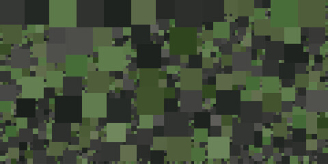 Vector illustration of an abstract camouflage pattern with varying squares and blocks. The seamless geometric background uses an earthy green and brown color palette.