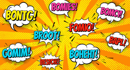 Comic book style graphic with different speech bubbles containing nonsensical words over a burst background. © Muginandaru