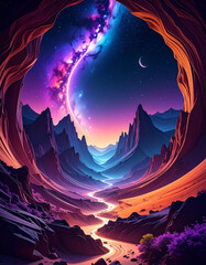 Alien Landscape with Luminous Stream and Starry Sky