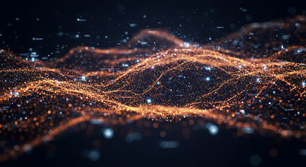 Digital Data Visualization: An abstract and immersive digital landscape showcasing the intricate connections of information with dynamic, glowing particles of light.