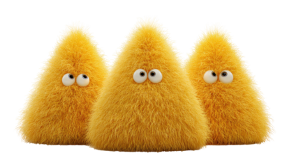 Three fuzzy, yellow triangle creatures with large eyes