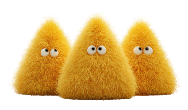 Three fuzzy, yellow triangle creatures with large eyes