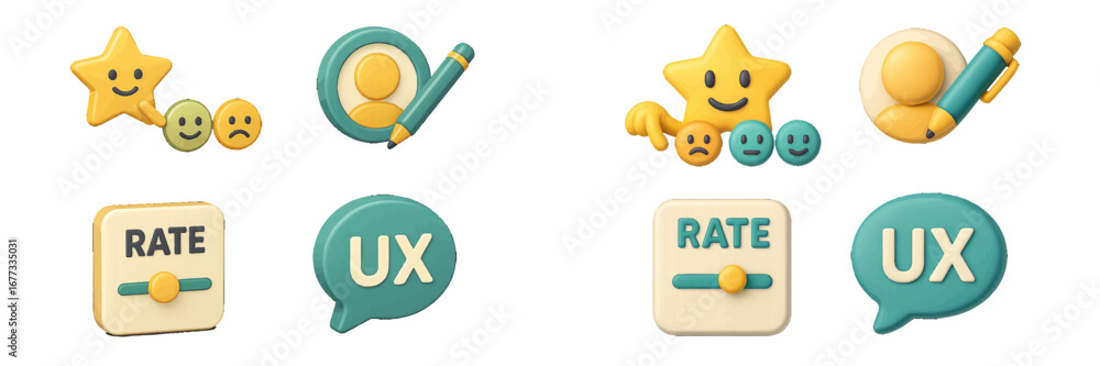 Poster customer feedback and user experience rating icons with stars and emoticons. modern 3d icon set
