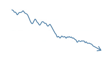 A simple blue line graph with a downward-pointing arrow illustrates a significant and steady decline representing a business recession stock market crash or financial loss.
