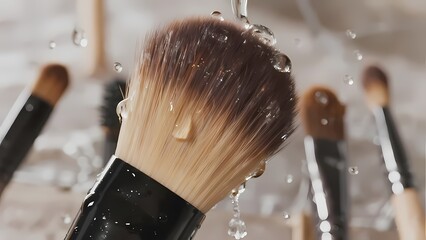 Makeup brush being cleaned with water, surrounded by other brushes