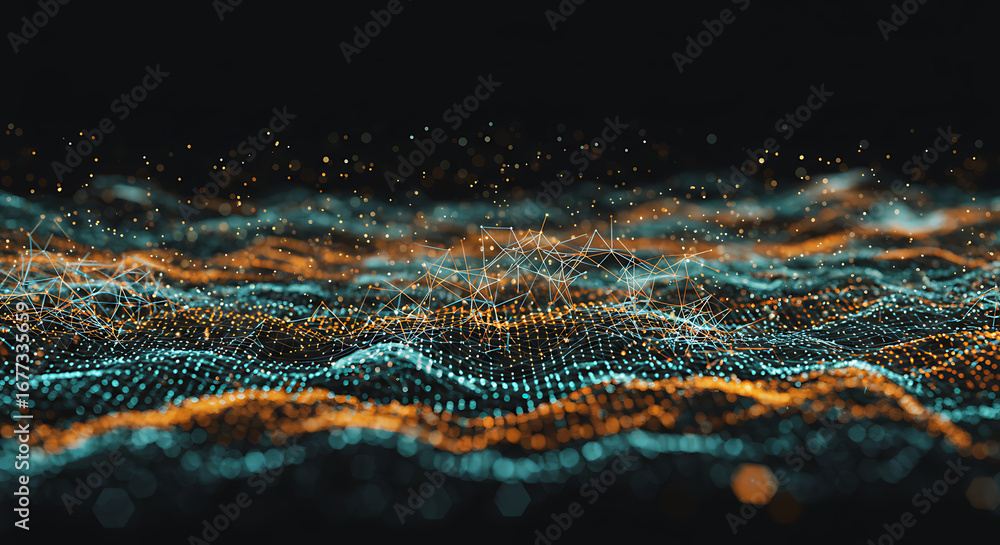 Poster digital abstract waves: a vibrant digital depiction of undulating waves, intricately composed of cou