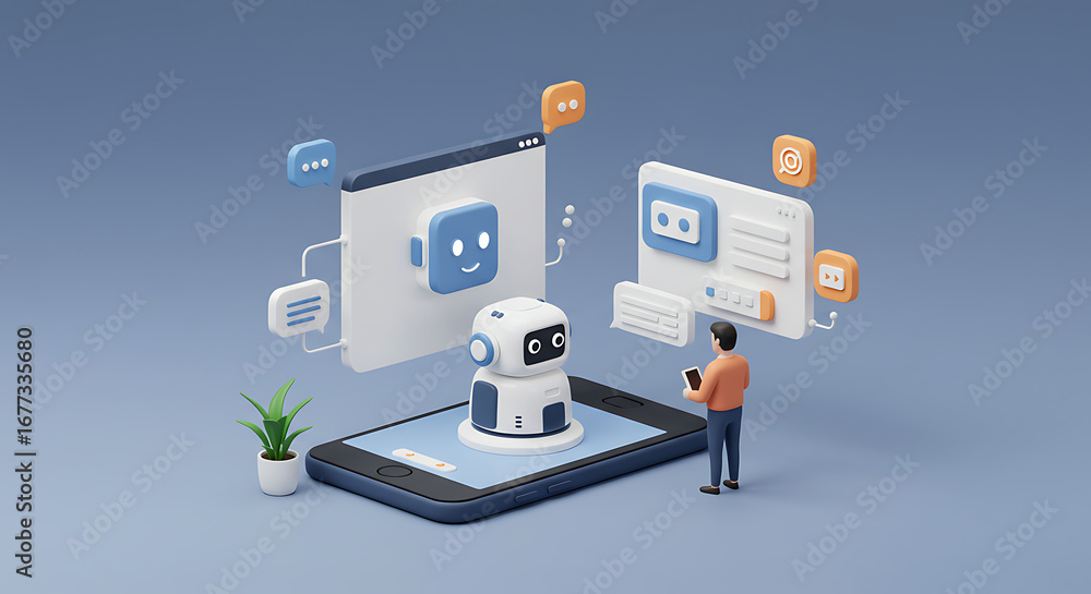 Poster futuristic ai interaction: a vibrant illustration showcases the seamless interaction between human a