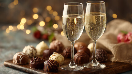 a couple of champagne glasses with chocolates on festive table symbolizing valentine romantic celebration sweet dessert sparkling drink luxury event holiday love and party toast
