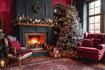 Cozy living room with a decorated Christmas tree, a fireplace with a warm fire, and festive decorations. Red walls and comfortable furniture create a holiday atmosphere.