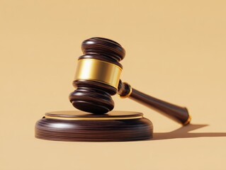 Obraz premium A meticulously detailed, golden-accented wooden gavel sits on a dark wooden base against a soft beige backdrop.