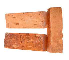 Side view of three cracked old red or orange bricks in stack isolated on white background with clipping path