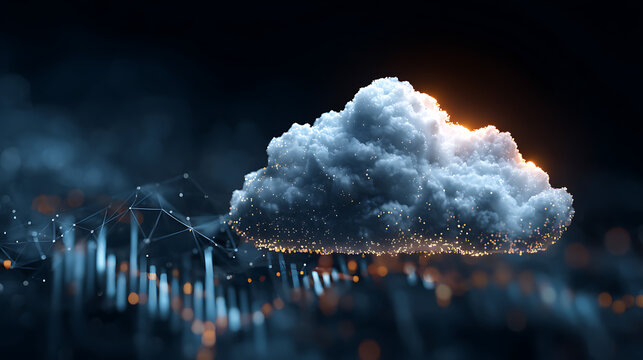futuristic digital cloud with glowing encryption keys and analytical graphs in motion representing secure technology data protection cloud system online storage and cyber innovation
