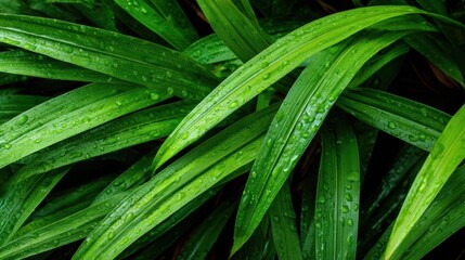 Fototapeta premium Bright green leaves covered with fresh water droplets, displaying vibrant foliage and a sense of natural freshness