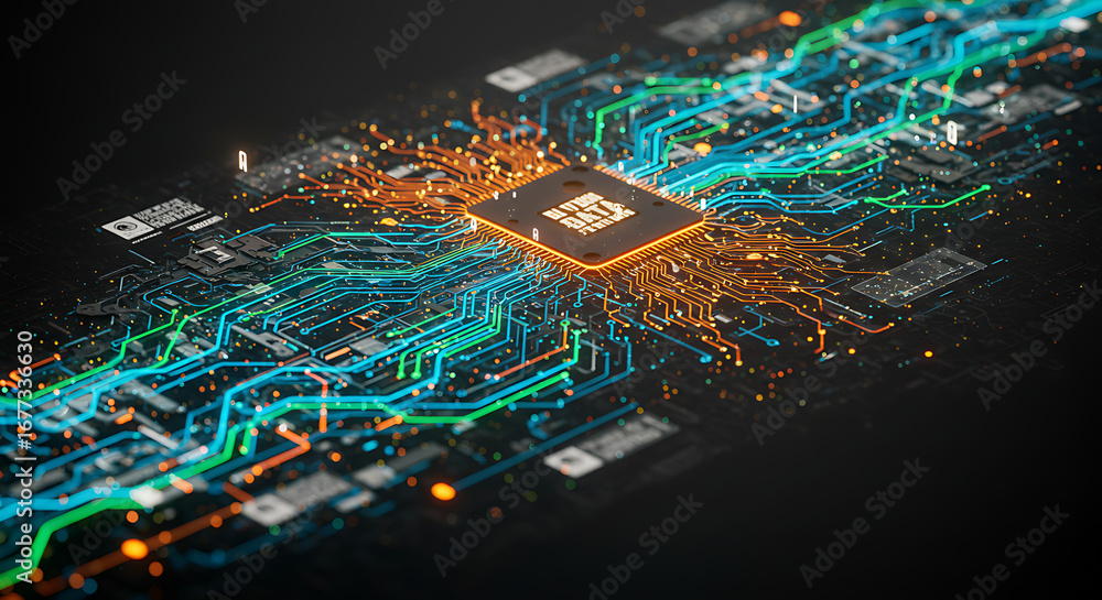 Poster quantum circuit: a futuristic depiction of a central processing unit (cpu) with intricate circuits, 
