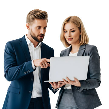 Professional business colleagues collaborating on a project using a laptop, discussing work, and pointing at the screen in a modern office setting