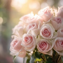 Obraz premium A bouquet of soft pink roses is beautifully illuminated by warm, natural sunlight with a gentle, dreamy background